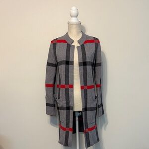 T Tahari Gray and Red Plaid Cardigan